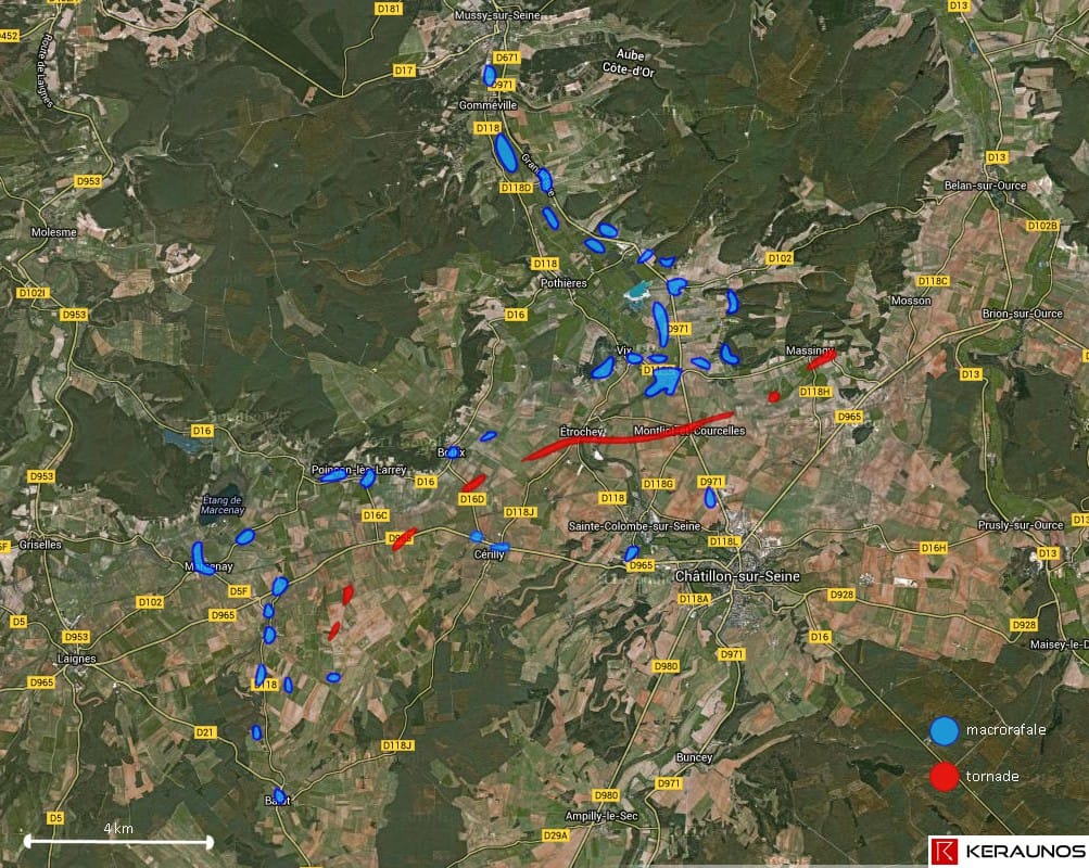 Répartition générale de la macrorafale et de la tornade du 19 juin 2013, dans le Châtillonnais. (c) KERAUNOS - Tous droits réservés. Répartition générale de la macrorafale et de la tornade du 19 juin 2013, dans le Châtillonnais. (c) KERAUNOS - Tous droits réservés.