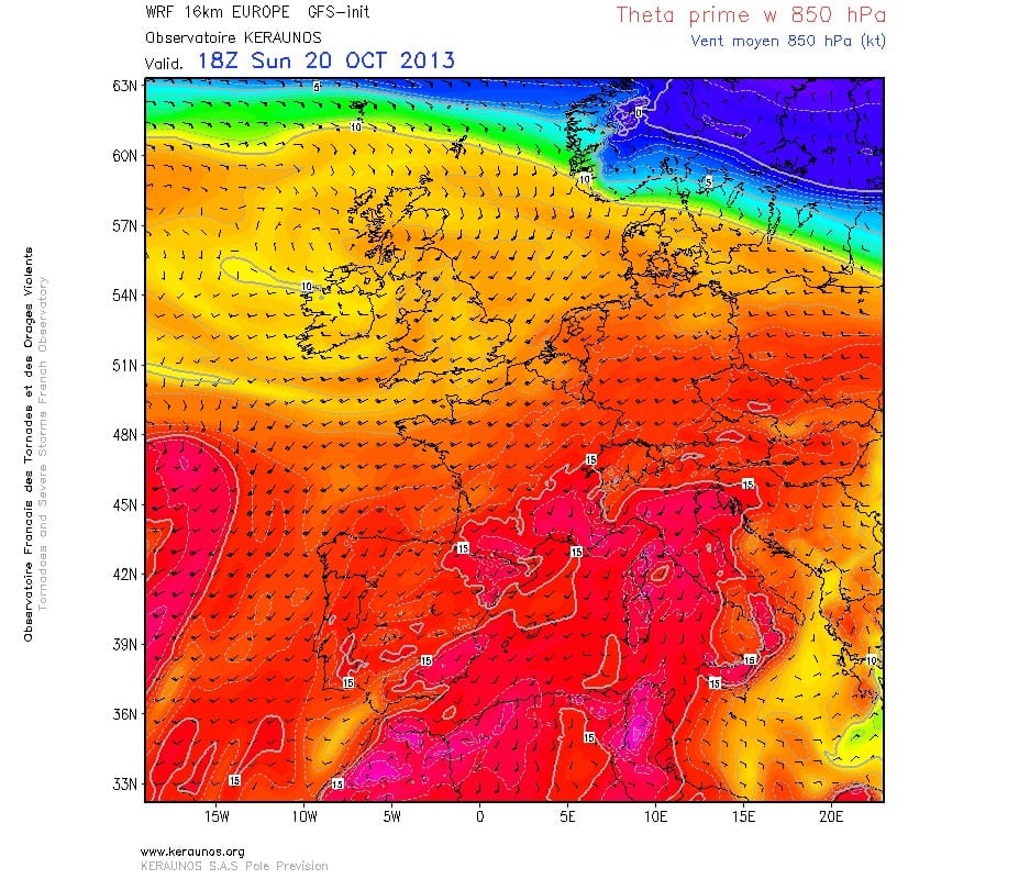 Thêta'w et vent moyen à 850 hPa, le 20 octobre 2013, à 20h locales. Modèle WRF 16 km Europe. Run du 20.10.2013 12Z. (c) KERAUNOS