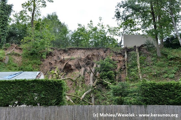 Microrafale de Poigny-la-Forêt (Yvelines) du 21 mai 2014 - Arbres couchés et emportés par un léger glissement de terrain, route de Rambouillet. (c) - Mahieu/Wesolek - www.keraunos.org