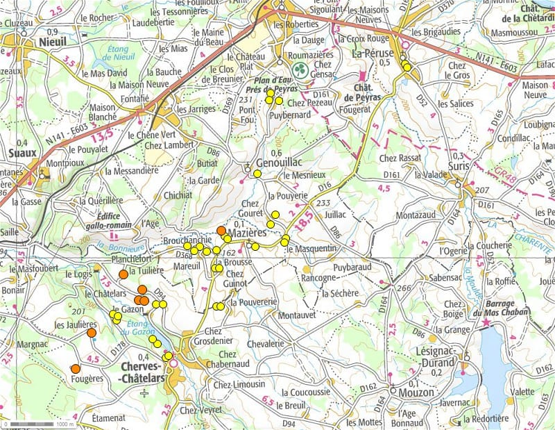 Principaux dégâts relevés suite aux microrafales observées entre Cherves-Châtelars et la Péruse (Charente) le 21 mai 2014. Jaune : dommages limités. Orange : dommages modérés. (c) KERAUNOS. Fond de carte IGN.