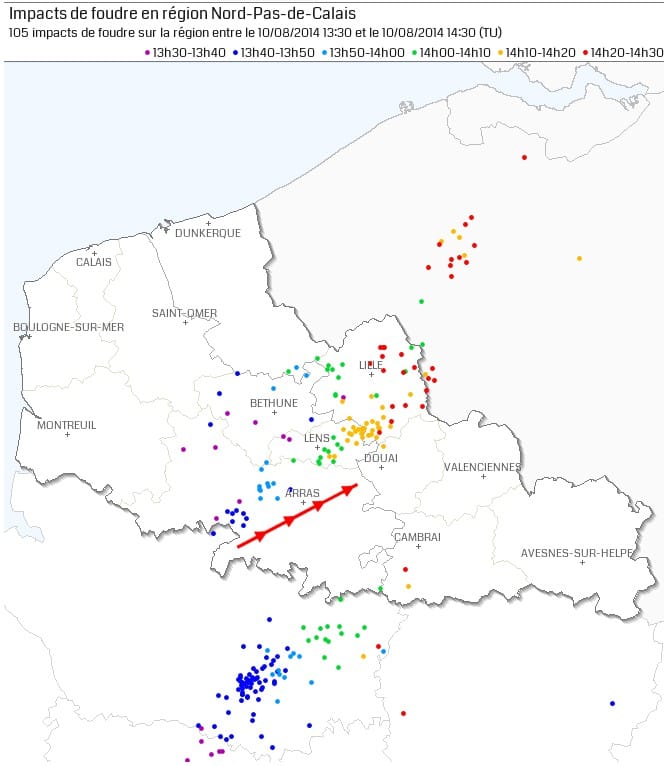 Activité foudre le 10 août 2014 entre 15h30 et 16h30 locales. La trajectoire de la tornade est symbolisée par la flèche rouge. (c) KERAUNOS / données Blitzortung