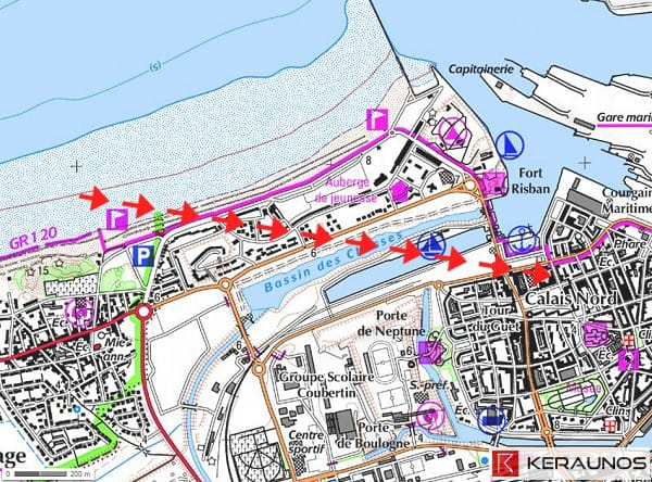 Trajectoire de la tornade EF0 de Calais (Pas-de-Calais) du 19 août 2014. © Keraunos (fond de carte : Géoportail)