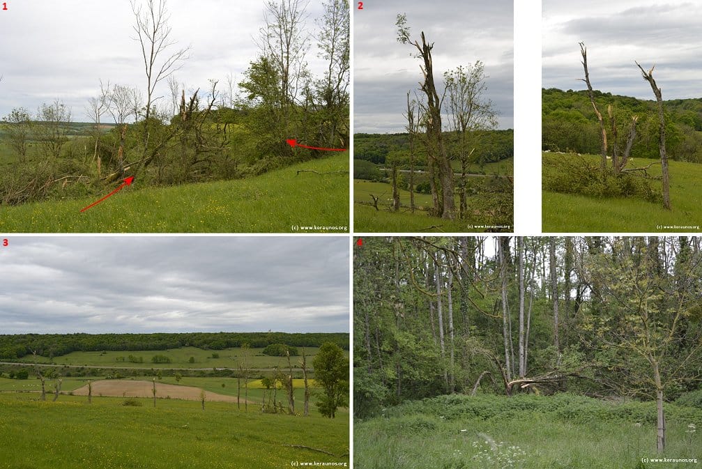 Tornade EF1 de Chanoy (Haute-Marne) du 7 mai 2014 - Dégâts représentés par des plages de couleur rouge (c) - KERAUNOS (fond de carte Géoportail)
