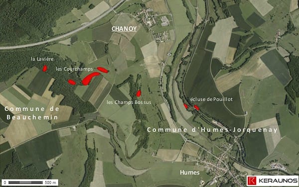 Tornade EF1 de Chanoy (Haute-Marne) du 7 mai 2014 - Dégâts représentés par des plages de couleur rouge (c) - KERAUNOS (fond de carte Géoportail) Tornade EF1 de Chanoy (Haute-Marne) du 7 mai 2014 - Dégâts représentés par des plages de couleur rouge. © Keraunos (fond de carte : Géoportail)