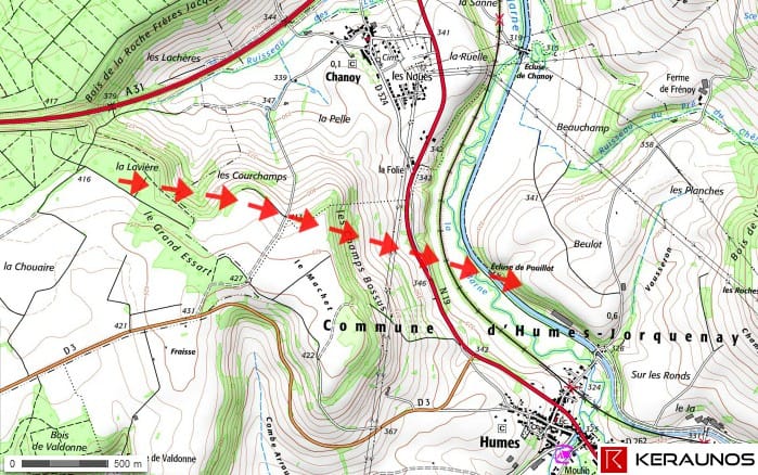Trajectoire de la tornade EF1 de Chanoy (Haute-Marne) du 7 mai 2014 Trajectoire de la tornade EF1 de Chanoy (Haute-Marne) du 7 mai 2014. © Keraunos (fond de carte : Géoportail)