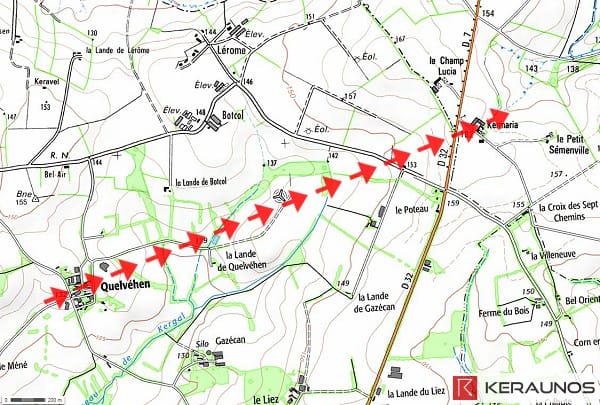 Trajectoire de la tornade EF1 de Kergrist (Morbihan) du 12 février 2014. © Keraunos (fond de carte : Géoportail) Trajectoire de la tornade EF1 de Kergrist (Morbihan) du 12 février 2014. © Keraunos (fond de carte : Géoportail)