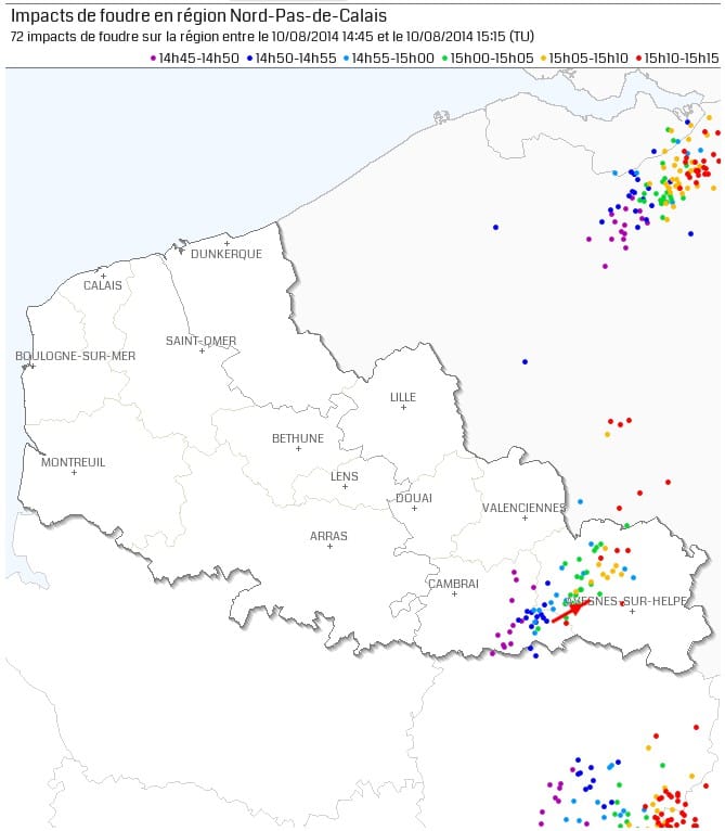 Activité foudre le 10 août 2014 entre 16h45 et 17h15 locales. La trajectoire de la tornade est symbolisée par la flèche rouge. (c) KERAUNOS / données Blitzortung