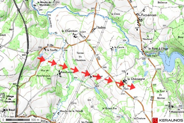 Trajectoire de la tornade EF0 de Laurière (Haute-Vienne) du 27 février 2014. © Keraunos (fond de carte : Géoportail)