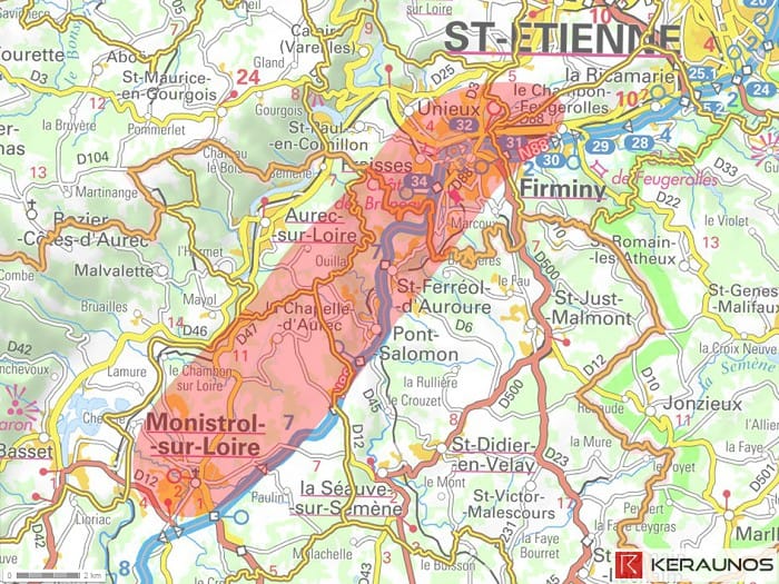 Localisation des dégâts de la macrorafale de Firminy (Loire) du 18 juillet 2015. Plage de couleur rouge : superficie principalement touchée par de fortes rafales de vent. © Keraunos (fond de carte : Géoportail)