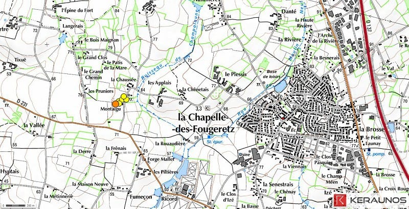 Microrafale de la Chapelle-des-Fougeretz (Ille-et-Vilaine) du 9 janvier 2016. Points jaunes : dégâts causés par des rafales estimées entre 90 km/h et 120 km/h. Point orange : dégâts causés par des rafales comprises entre 120 km/h et 150 km/h. © Keraunos (fond de carte : Géoportail)