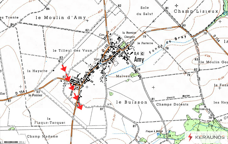 Trajectoire de la tornade EF0 d'Amy (Oise) du 23 mai 2016. © Keraunos (fond de carte : Géoportail)