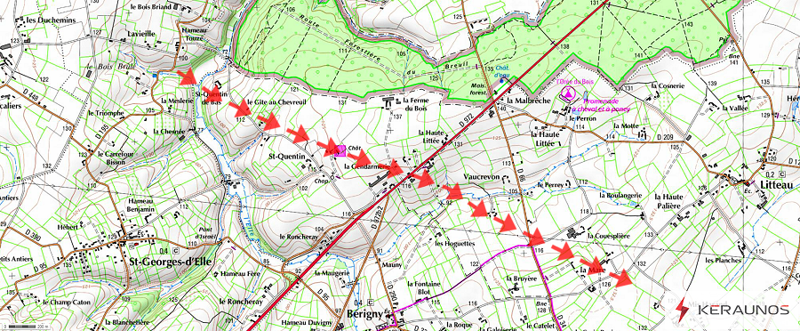 Trajectoire de la tornade EF1 de Litteau (Calvados) du 2 mars 2016. © Keraunos (fond de carte : Géoportail)