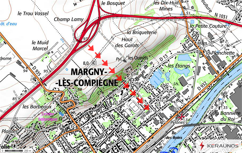 Trajectoire de la tornade EF0 de Margny-lès-Compiègne (Oise) du 18 juin 2016. © Keraunos (fond de carte : Géoportail)