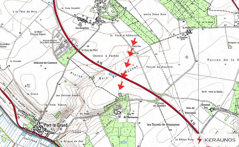 Trajectoire de la tornade EF0 de Port-le-Grand (Somme) du 27 mai 2016. © Keraunos (fond de carte : Géoportail)