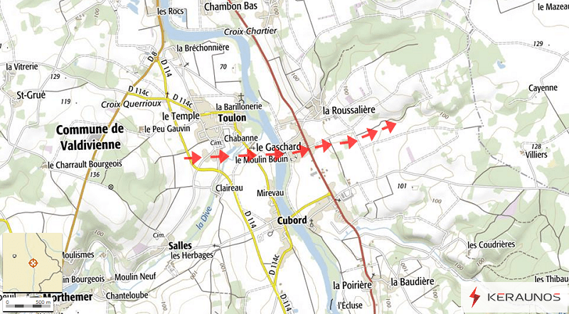 Trajectoire de la tornade EF1 de Valdivienne (Vienne) du 14 juin 2016. © Keraunos (fond de carte : Géoportail)