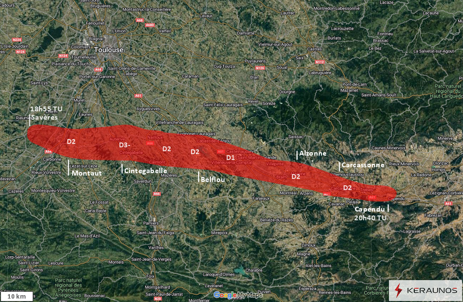 Macrorafales de forte intensité (D3) entre la Haute-Garonne et l'Aude le 29 juillet 2023