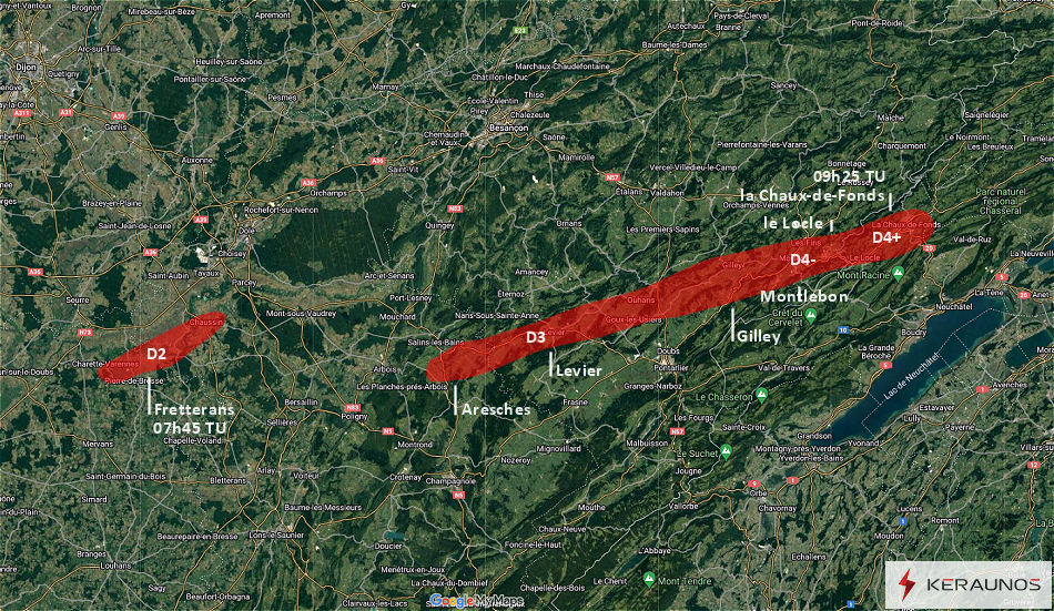 Macrorafales de très forte intensité (D4) entre le Val de Morteau (France) et la Chaux-de-Fonds (Suisse) le 24 juillet 2023