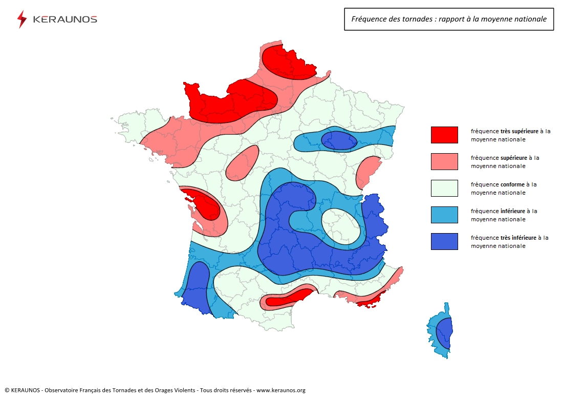 Fréquence des tornades en France : carte d'exposition au risque. (c) KERAUNOS
