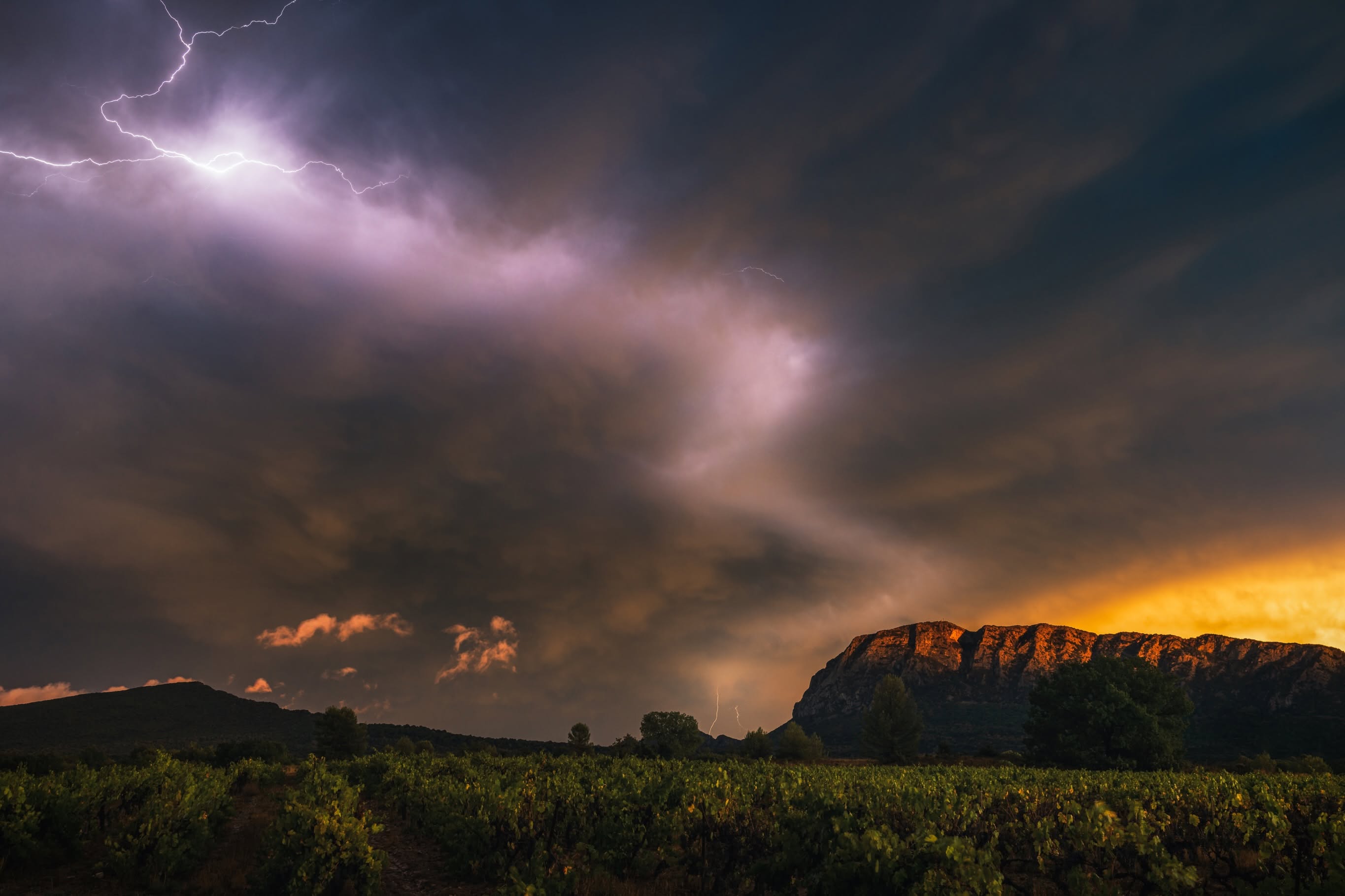 Aujourd’hui, la traque a été rude. Mal positionné au cœur du noyau dur sous des torrents d’eau, la session semblait compromise.
Et puis, la bascule. Au moment précis où le ciel s'est ouvert à l'arrière, le Pic Saint-Loup s'est embrasé sous les dernières lumières du couchant pendant que l'électricité résiduelle déchirait les nuages. Un moment magique. - 24/08/2026 00:00 - David Parenteau
