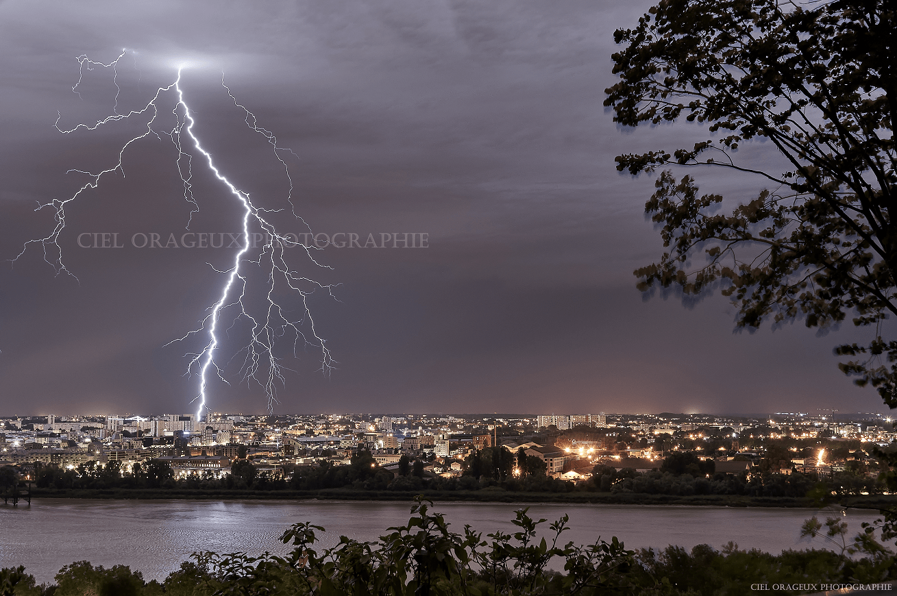 Foudre ramifié sur la rive gauche de la ville de Bordeaux - 08/08/2017 00:30 - Mickael Cumulus