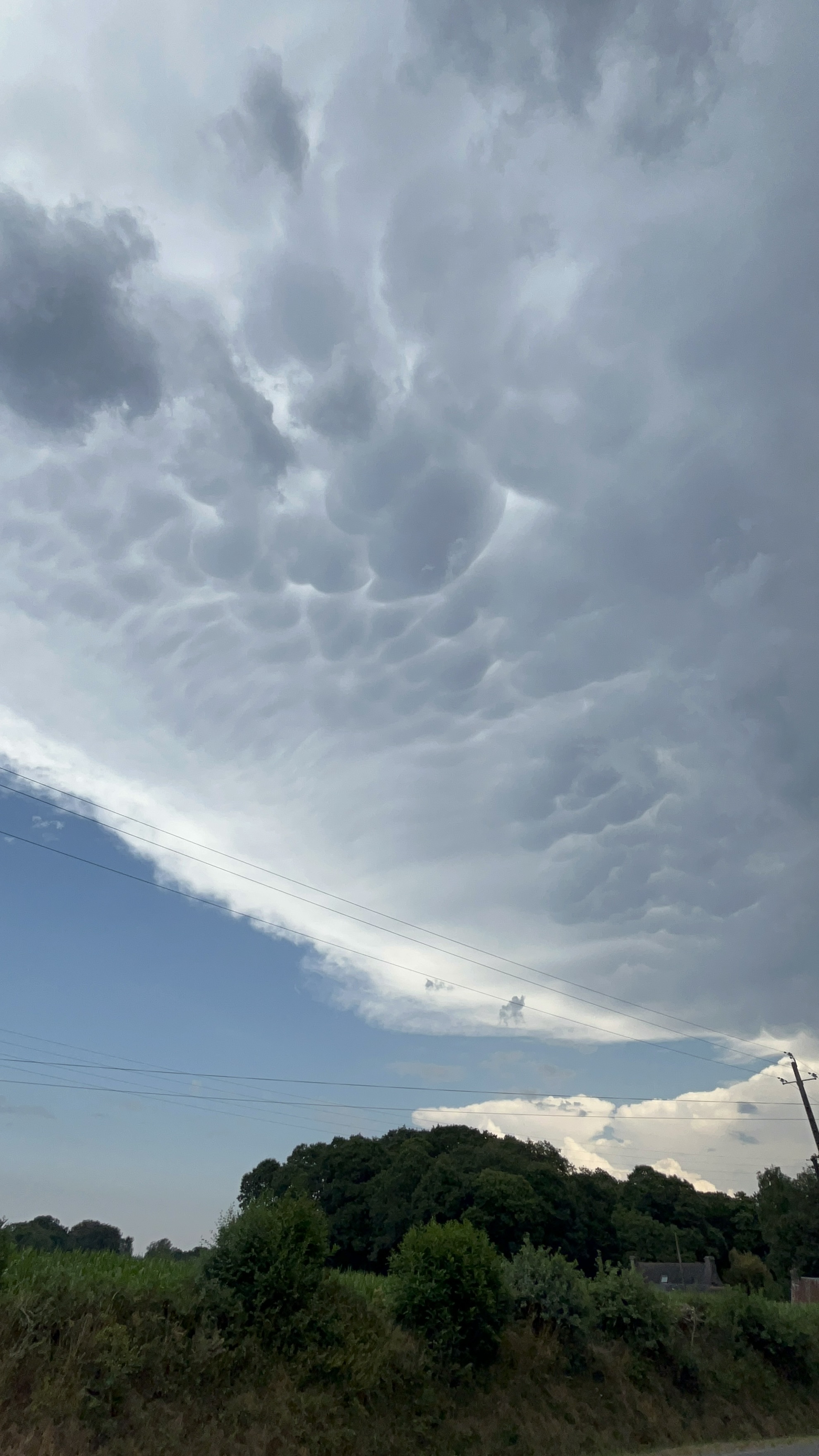 Mammatus à Poullaouen dans le Finistère, à 16h 19, a l'approche d'un fort orage qui provoquera de fortes pluies, de bonnes rafales de vent et une importante activité électrique . - 15/07/2026 16:19 - MARIANNE PLOET
