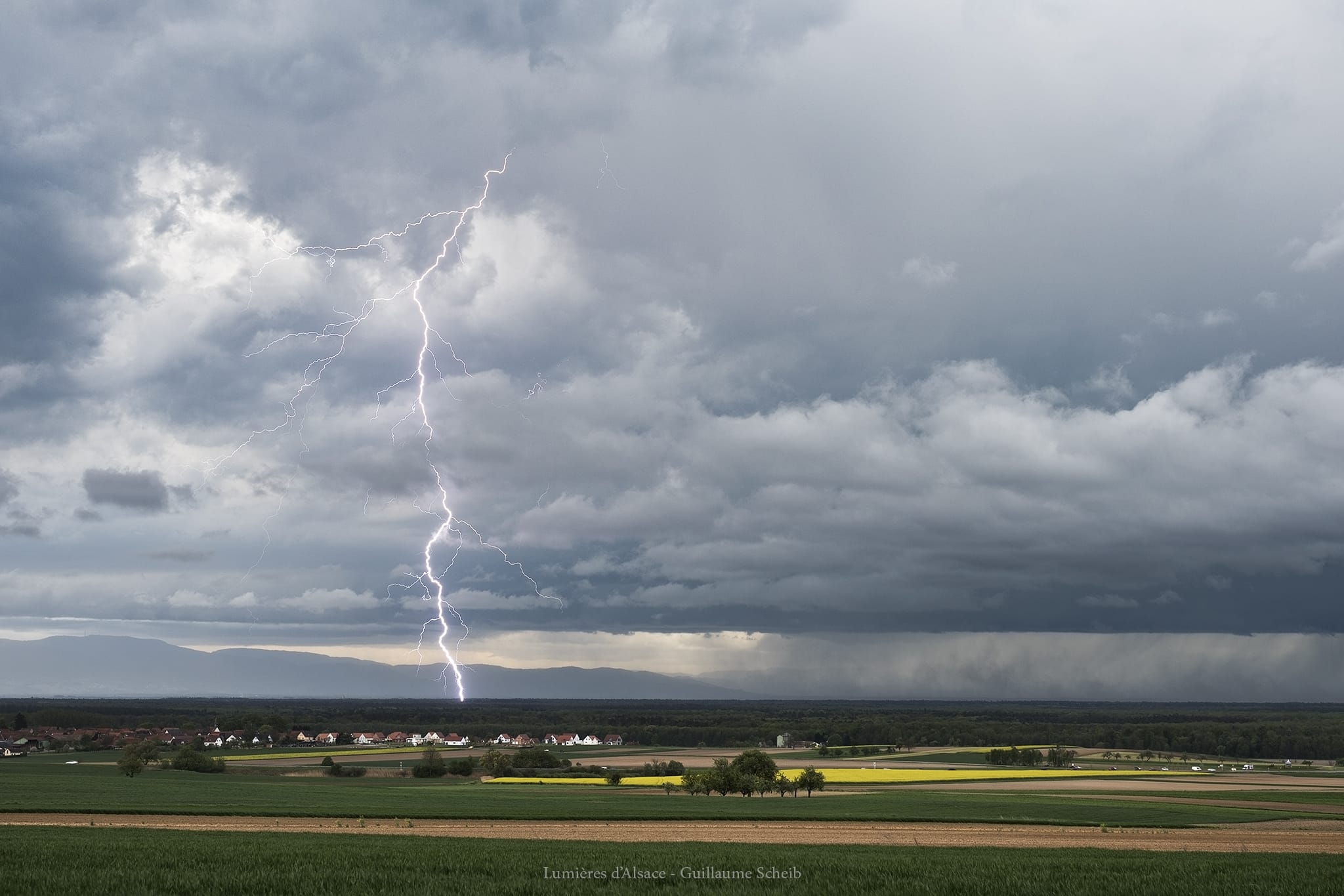 Première offensive orageuse de la saison en Alsace du nord. Elle a d'ailleurs été bien marquée pour l'époque (fin avril) avec des fortes bourrasques de vent, de la poussière qui volait. Mais aussi des coups de foudre en air sec et même de la grêle (1-2cm). Belle "mise en bouche" pour ce départ 2019 un poil tardif par ici ! - 24/04/2019 17:37 - Guillaume Scheib