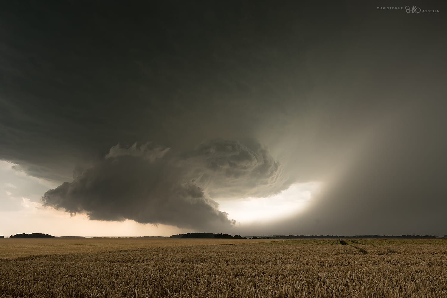 United States of Picardie. Un nuage-mur particulièrement dense et à la rotation très marquée évolue sous la base d'une supercellule à l'intensité plutôt rare en France. Les précipitations du courant descendant avant (FFD) sont immédiatement aspirées par la puissante ascendance. - 06/07/2017 18:01 - Christophe Asselin