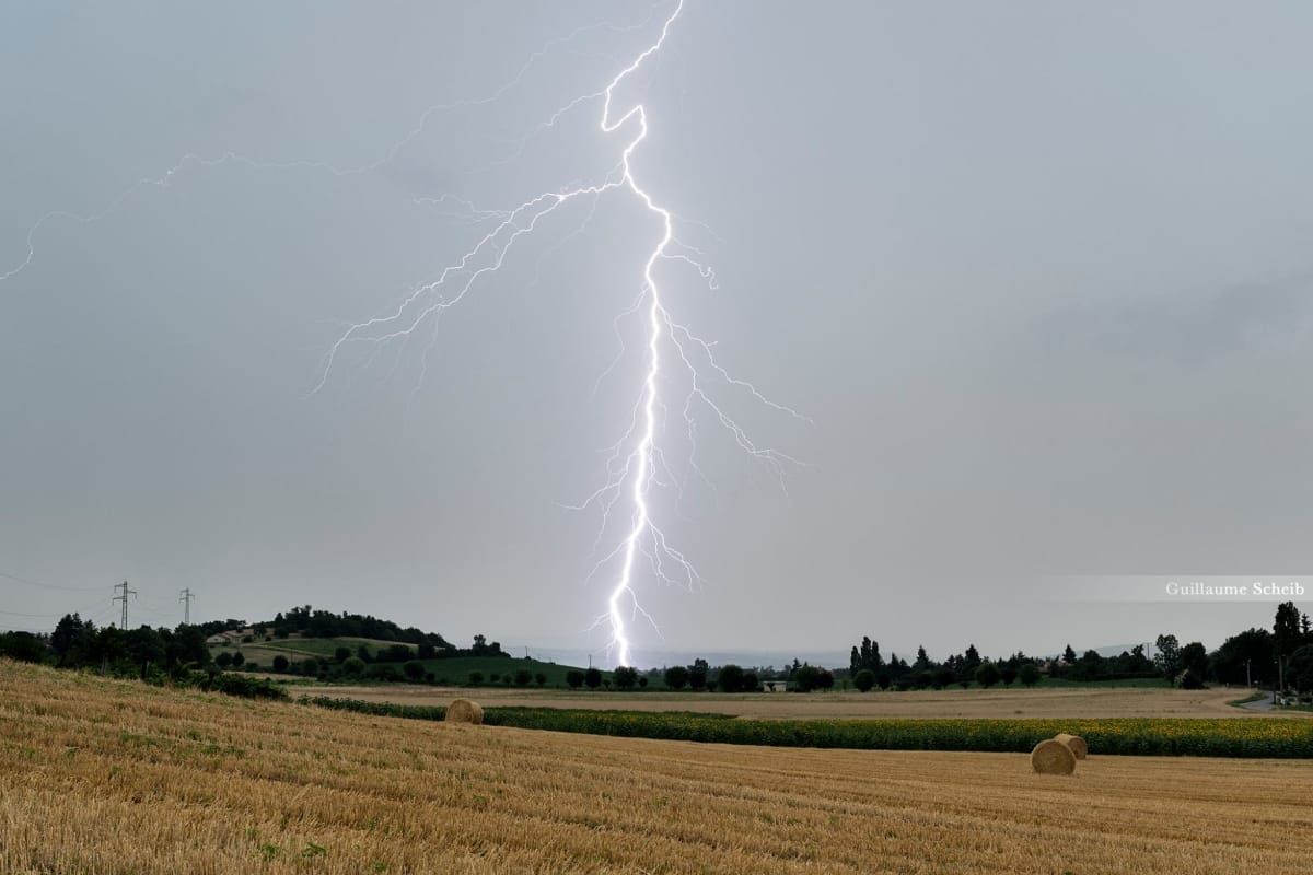 Coup de foudre diurne bien ramifié à proximité de Communay (69). Cette décharge est issue d'un orage mourant abordant tout juste l'agglomération Lyonnaise. - 11/07/2016 19:47 - Guillaume SCHEIB