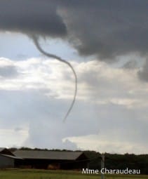 Un tuba a été observé le 14 juin 2010 sur la commune de Vellèches (Vienne), vers 19h locales. Le phénomène, très bien constitué et de grande longueur, a sans doute pu générer des vents rotatifs jusqu'au sol. Néanmoins, cet élément demeurant incertain, le phénomène est classé en tuba.Le premier de ces phénomènes consiste en un puissant tuba, dont la consistance et l'extension vers le sol ont été suffisamment conséquentes pour qu'il soit possible que les vents rotatifs aient affecté le sol. Néanmoins, aucun dommage au sol n'a pu être relevé par l'enquête de terrain, ni suite à un appel à témoins lancé dans la presse locale. Dès lors, ce cas reste classé en tuba. - 14/06/2010 19:00 - Mme CHARAUDEAU