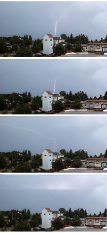 4 photos successives d'un éclair prises lors d'un orage survenu cet après-midi (lieu : Nord de Strasbourg). - 06/08/2013 15:00 - Victor U