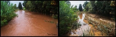 Suite aux fortes pluies de la matinée, on constate les inondations à La Garde dans le Var. Photo comparative du ruisseau de La Plaquette pendant et après la montée des eaux.

Celle de gauche faite à 9h23 (pas longtemps après l'arrêt de la pluie) et celle de droite faite à 11h06. Sur celle de droite, le ruisseau est encore gros par rapport à la normale, c'est dire quand il a atteint son pic.. - 08/09/2013 09:23 - Hervé Dermoune