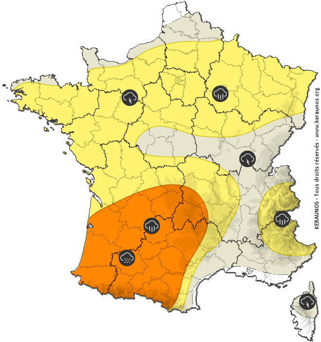 Prévision des orages, des tornades et de la grêle - Alerte aux orages - Bulletin de risque convectif France - KERAUNOS